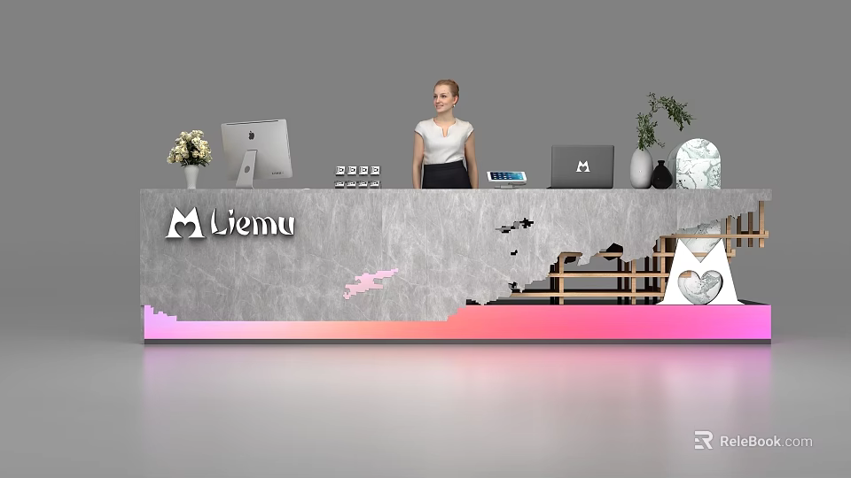 Liemu Modern Reception Desk With Marble Top Gradient Base Featuring Computer Plants And Decorations 3d model 