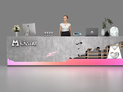 Liemu Modern Reception Desk With Marble Top Gradient Base Featuring Computer Plants And Decorations 3d model