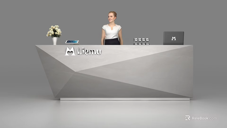 Modern Geometric Reception Desk With Liemu Logo Vase Laptop And Tablet 3d model 
