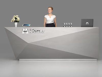 Modern Geometric Reception Desk With Liemu Logo Vase Laptop And Tablet 3d model