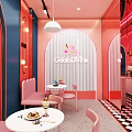 Pink Dessert Shop Interior Design With Arched Decor White Tables Chairs And Counter