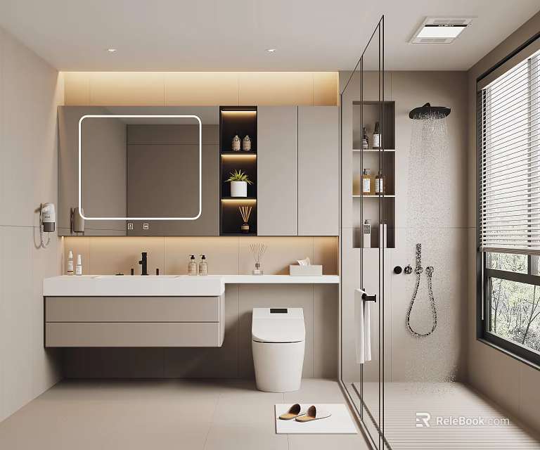 Modern Bathroom Interior With Backlit Mirror White Vanity Smart Toilet And Glass Shower Enclosure 3d model 