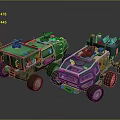 Two Sci Fi Armored Vehicles With Large Tires Top Mounted Equipment Green And Teal
