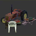 Vintage Red Functional Tractor With Wheelbarrow White Plastic Chair Oil Barrel And Red Toolbox