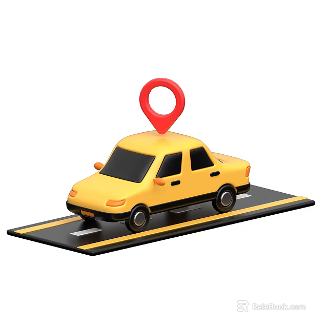 Yellow Car With Red Location Pin On Road With Double Yellow Lines 3d model 
