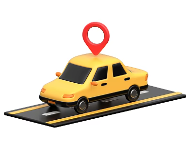 Yellow Car With Red Location Pin On Road With Double Yellow Lines 3d model