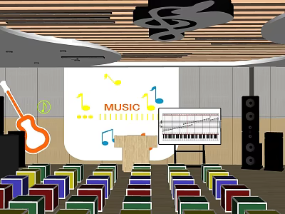 School Music Classroom With Colorful Seats Podium Music Screen Notes Guitar And Speakers 3d model