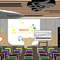 School Music Classroom With Colorful Seats Podium Music Screen Notes Guitar And Speakers