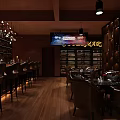 Stylish Bar Interior With Dark Decor Wine Shelves Chandeliers Tables And TV Screen