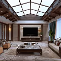 Elegant New Chinese Style Living Room With Solid Wood Furniture And Decorative Wooden Ceiling Design