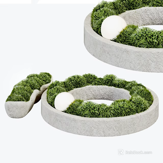 Green Grass Arrangement In Round Stone Planters With White Decorative Balls 3d model 