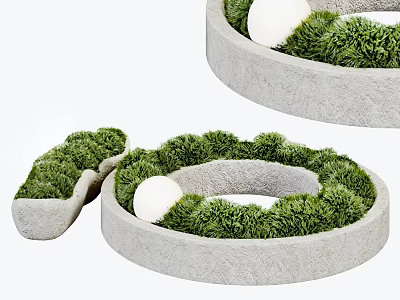 Green Grass Arrangement In Round Stone Planters With White Decorative Balls 3d model