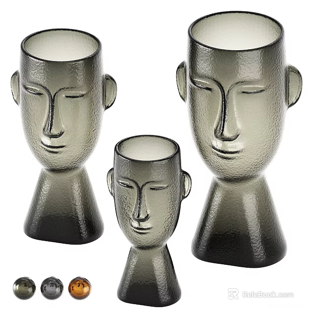 Decorative Gray Textured Ceramic Vessels With Human Face Design In Three Sizes 3d model