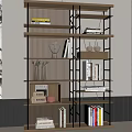 Modern Multi Tiered Wooden Shelving Unit With Metal Frame Books And Decorative Items