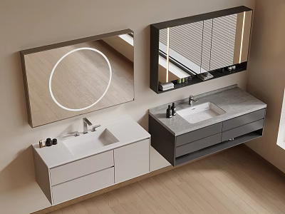 Modern Double Wall Mounted Bathroom Vanity With Round Mirror Sink And Storage Drawers 3d model