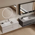 Modern Double Wall Mounted Bathroom Vanity With Round Mirror Sink And Storage Drawers