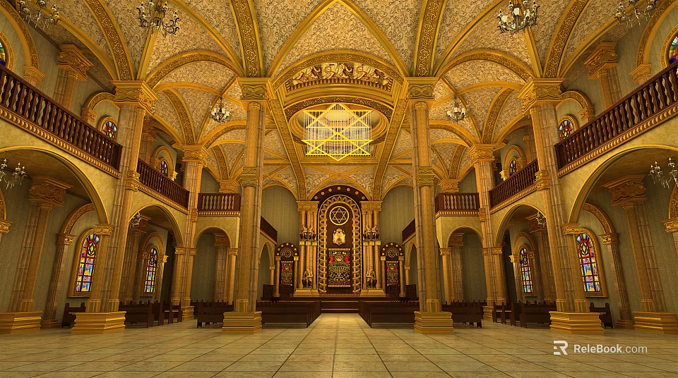 Ornate Religious Sanctuary Interior With Golden Arches Stained Glass Altar And Chandeliers 3d model 