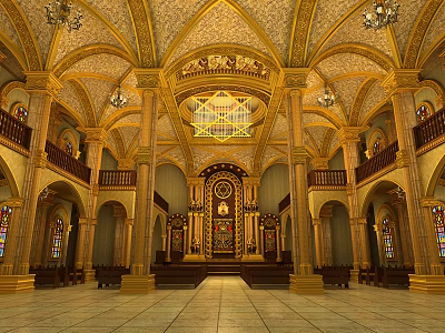 Ornate Religious Sanctuary Interior With Golden Arches Stained Glass Altar And Chandeliers 3d model