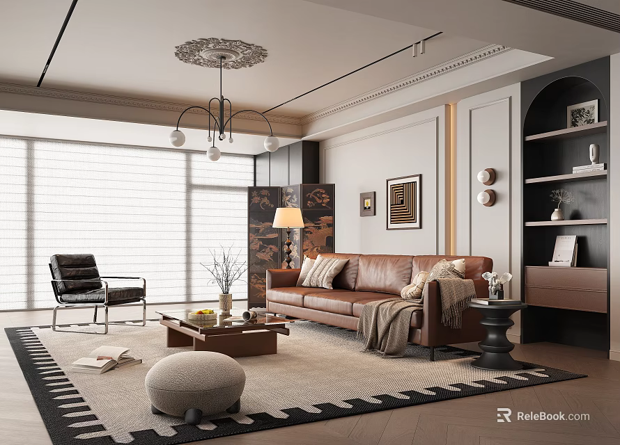 Modern Living Room Interior Design With Brown Leather Sofa Black Armchair And Geometric Rug 3d model 