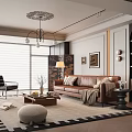 Modern Living Room Interior Design With Brown Leather Sofa Black Armchair And Geometric Rug