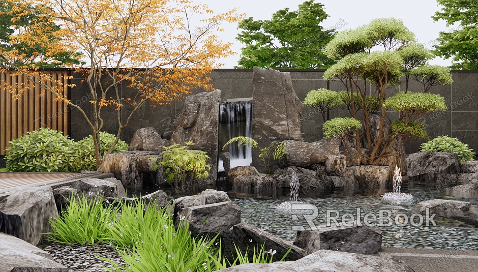 Chinese-style rockery waterscape courtyard rockery fish pond stone landscape tree pine falling water stacked stone model