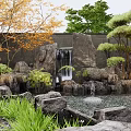 Serene Garden Ornament Featuring Waterfall Rocks Pine Trees and Small Pond with Green Plants