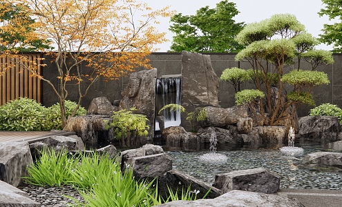 Chinese-style rockery waterscape courtyard rockery fish pond stone landscape tree pine falling water stacked stone 3d model