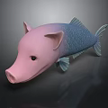 Unique Pink Pig Head Blue Fish Scales Hybrid Animal Figurine Design