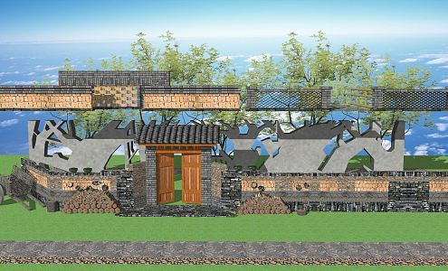 New Chinese Style Gate Homestay Folk Gate Courtyard Wall 3d model