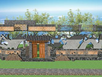 New Chinese Style Gate Homestay Folk Gate Courtyard Wall 3d model