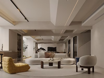 Modern Minimalist Living Room Interior Design With White Sofa Round Coffee Table And Cozy Chair 3d model