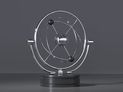 Silver Modern Decorative Ornament Set With Circular Ring Design And Spherical Elements On Black Base 3d model