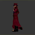 Steampunk Gentleman in Red Coat With Mechanical Raven and Cane Standing Confidently