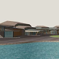 Wooden House Complex With Sloped Roofs Circular Grass Area And Stone Paved Courtyard