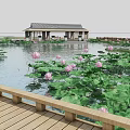 Garden Landscape With Lotus Pond Pink Flowers Green Leaves And Wooden Pavilion