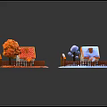 Cartoon Scenes of Seasonal Cottages with Red Roofs White Walls Fences and Trees
