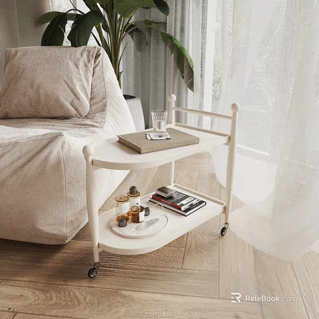 White Rolling Cart With Books Bottles Glass In Cozy Living Room Beige Bean Bag Chair 3d model 
