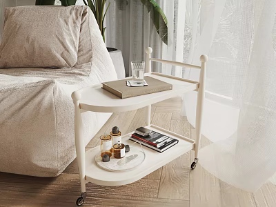 White Rolling Cart With Books Bottles Glass In Cozy Living Room Beige Bean Bag Chair 3d model