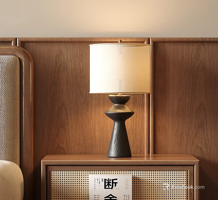 Modern Minimalist Table Lamp With Fabric Shade On Wooden Bedside Table Against Warm Wall 3d model 