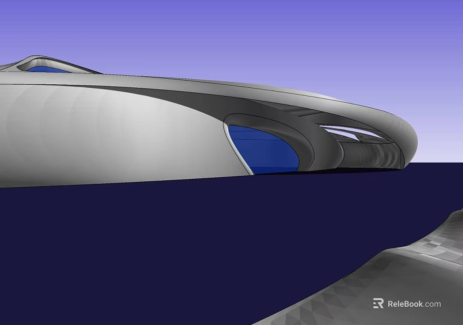 Modern Streamlined Architectural Structure With Metallic Surface Blue Windows And Dark Background 3d model 