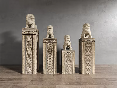 Four Traditional Stone Lions On Carved Pillars Against Gray Wall 3d model