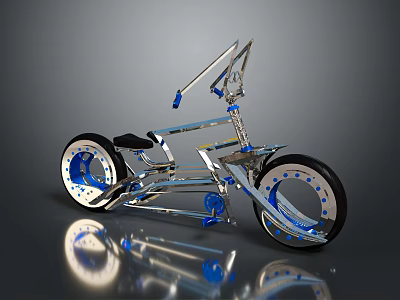 Custom Chrome Bicycle With Blue Accents Large Wheels And Reflective Surfaces 3d model