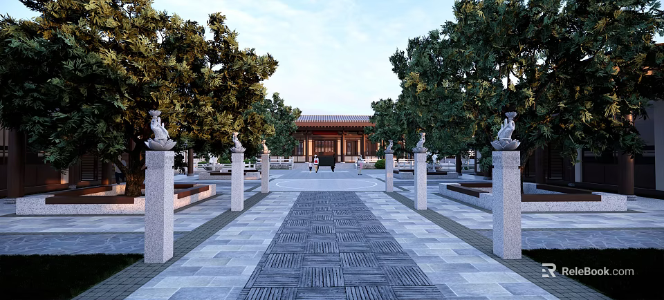 Traditional Ancient Architecture Courtyard With Stone Pathway Pillars And Surrounding Trees 3d model 