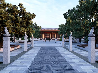 Traditional Ancient Architecture Courtyard With Stone Pathway Pillars And Surrounding Trees 3d model