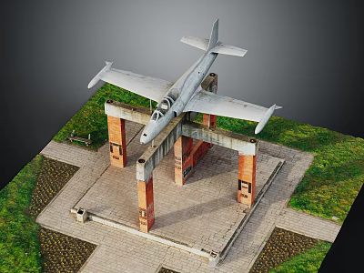 Vintage Airplane Displayed On Red Brick Archway In Model Scene With Grass And Paved Ground 3d model