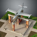 Vintage Airplane Displayed On Red Brick Archway In Model Scene With Grass And Paved Ground