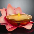 Decorative Lotus Shaped Candle With Pink Petals Golden Rim And Burning Yellow Flame