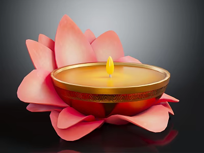 Decorative Lotus Shaped Candle With Pink Petals Golden Rim And Burning Yellow Flame 3d model