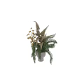 Decorative Ornament Arrangement with Green Pine Needles Beige Feathers and Yellow Flowers in White Vase