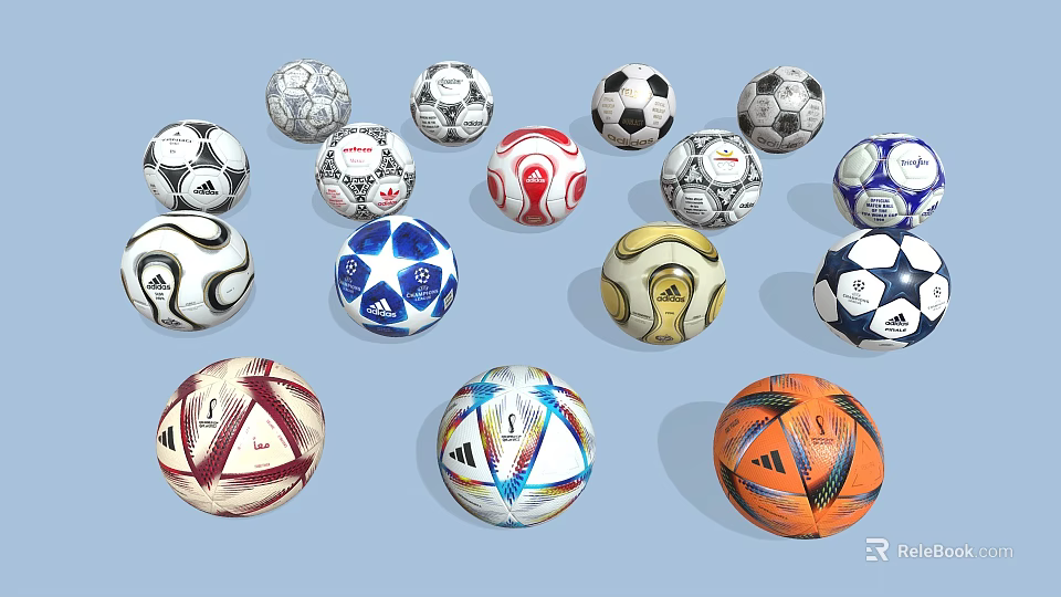 Various Colorful Soccer Balls With Different Designs And Brands As Sports Equipment 3d model 